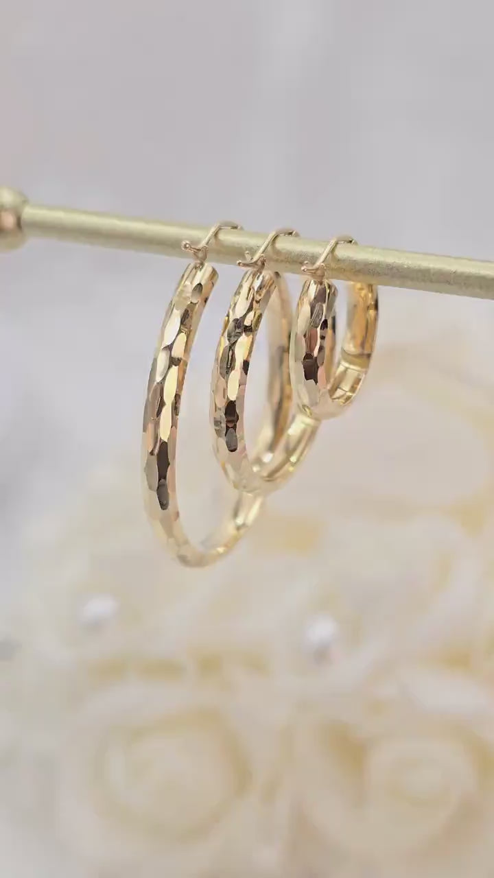 14k Gold Hammered Texture Hoop Earrings - 20mm, 30mm, 40mm - Shiny & Elegant - Fine Jewelry For Her