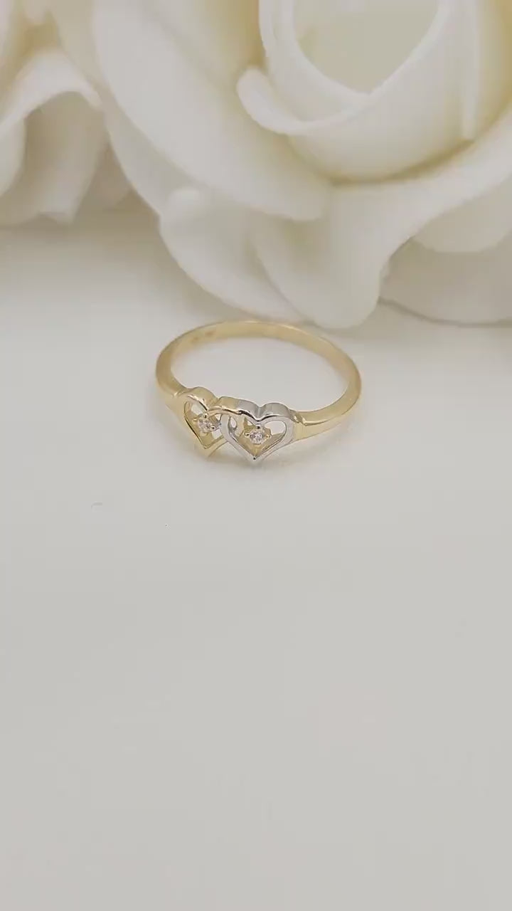 14k White And Yellow Gold Hearts Ring - Solid Gold - For Her - CZ - Perfect Gift