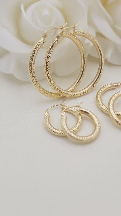 Real 14k Gold Fully Diamond Cut 3mm Thick Hoop Earrings - 35MM - 25MM - 20MM- Sparkling - Fine Jewelry For Her - Perfect Gift