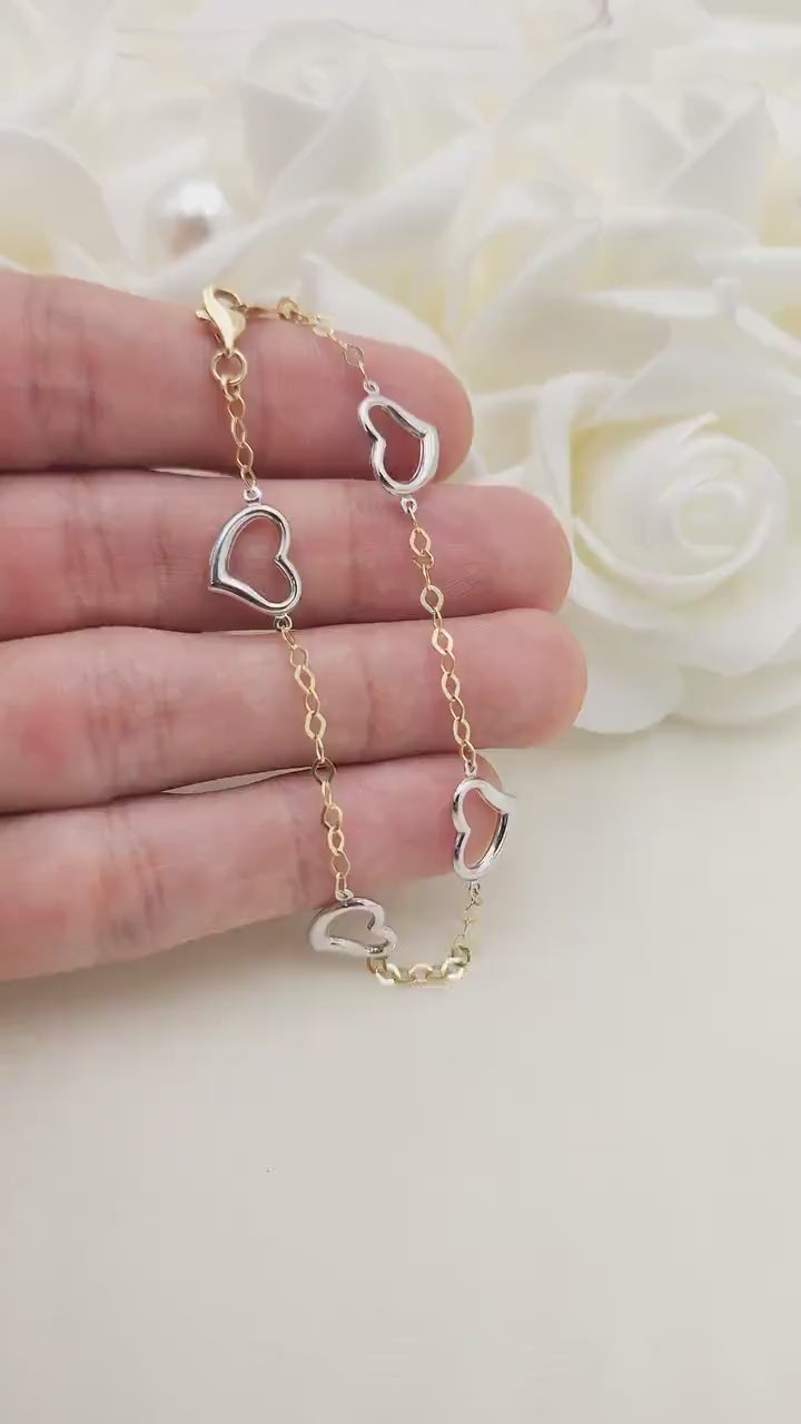 14k Gold White Hearts Oval Bracelet - 7.5 Inches - 2MM - For Her