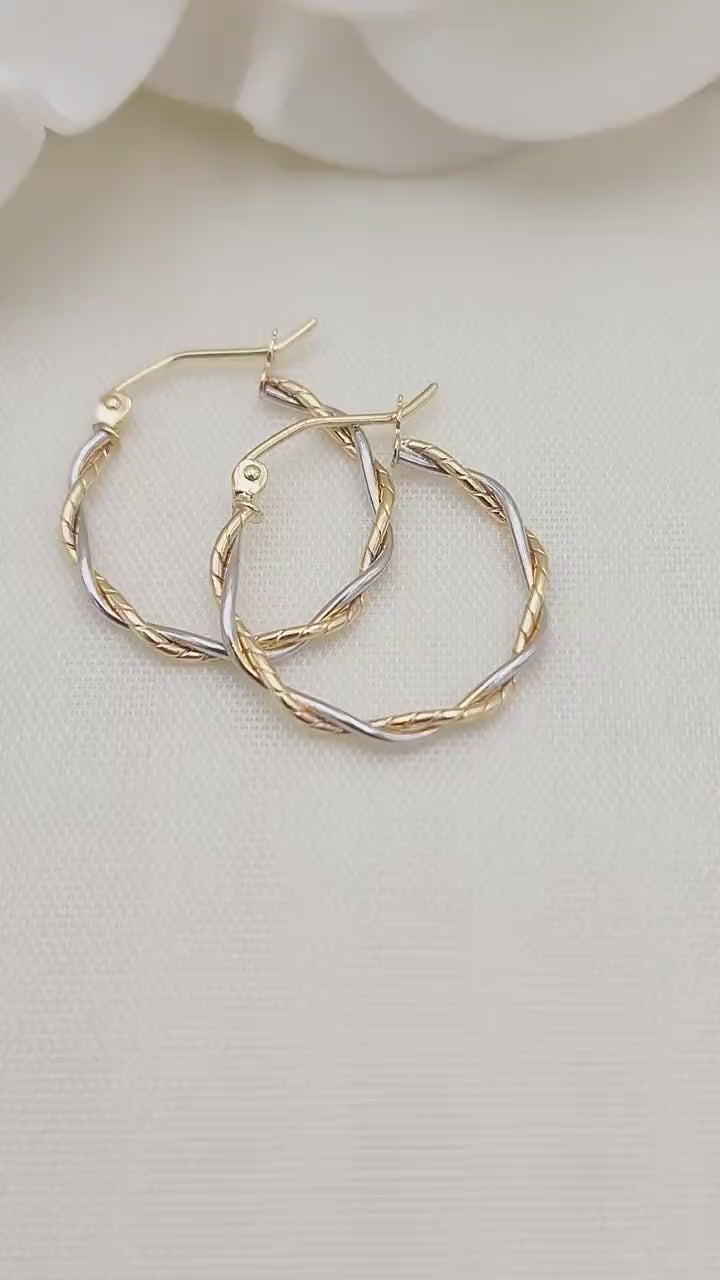 Dainty 14k Gold Twisted Hoop Earrings - 2 Tones Gold - For Her