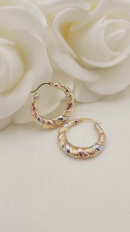 14k Tricolor Gold Croissant Hoop Earrings - 22mm - 3.5mm Thick - Shiny & Modern - Perfect Gift For Her -