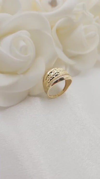 Solid 14k Gold Dome CZ Fancy Ring - Diamond Cut Dome - Unique