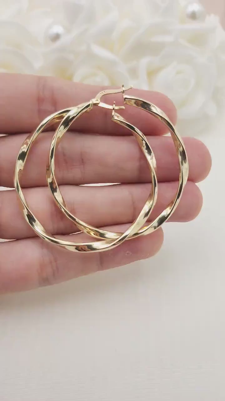 Real 14k Gold 3mm Twisted Hoops Earrings - 50mm - Real Gold - Fine Modern Jewelry For Her - Perfect Birthday, Anniversary Gift