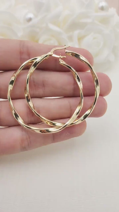 Real 14k Gold 3mm Twisted Hoops Earrings - 50mm - Real Gold - Fine Modern Jewelry For Her - Perfect Birthday, Anniversary Gift