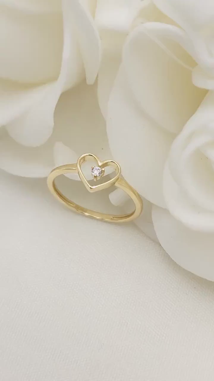 Simple 14k Gold Heart and Solitaire CZ Ring - Minimalistic Jewelry - For Her - Modern Jewelry