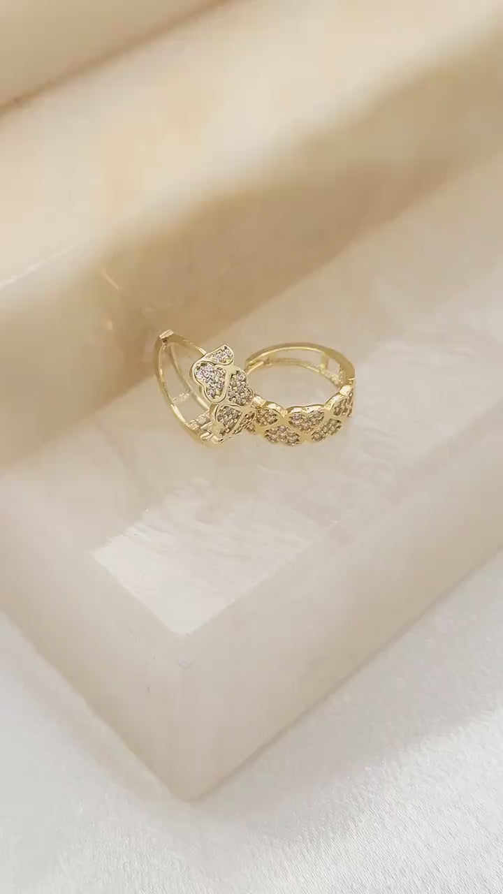 14k Gold Pave Hearts Huggie Earrings - 14mm - 6mm Thick - Elegant & Adorable - Gift For Her