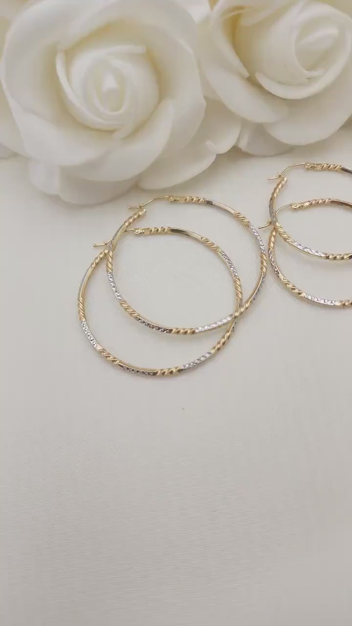 Real 14k Gold Diamond Cut Twisted Hoop Earrings -  20MM, 35MM, 45MM - For Her