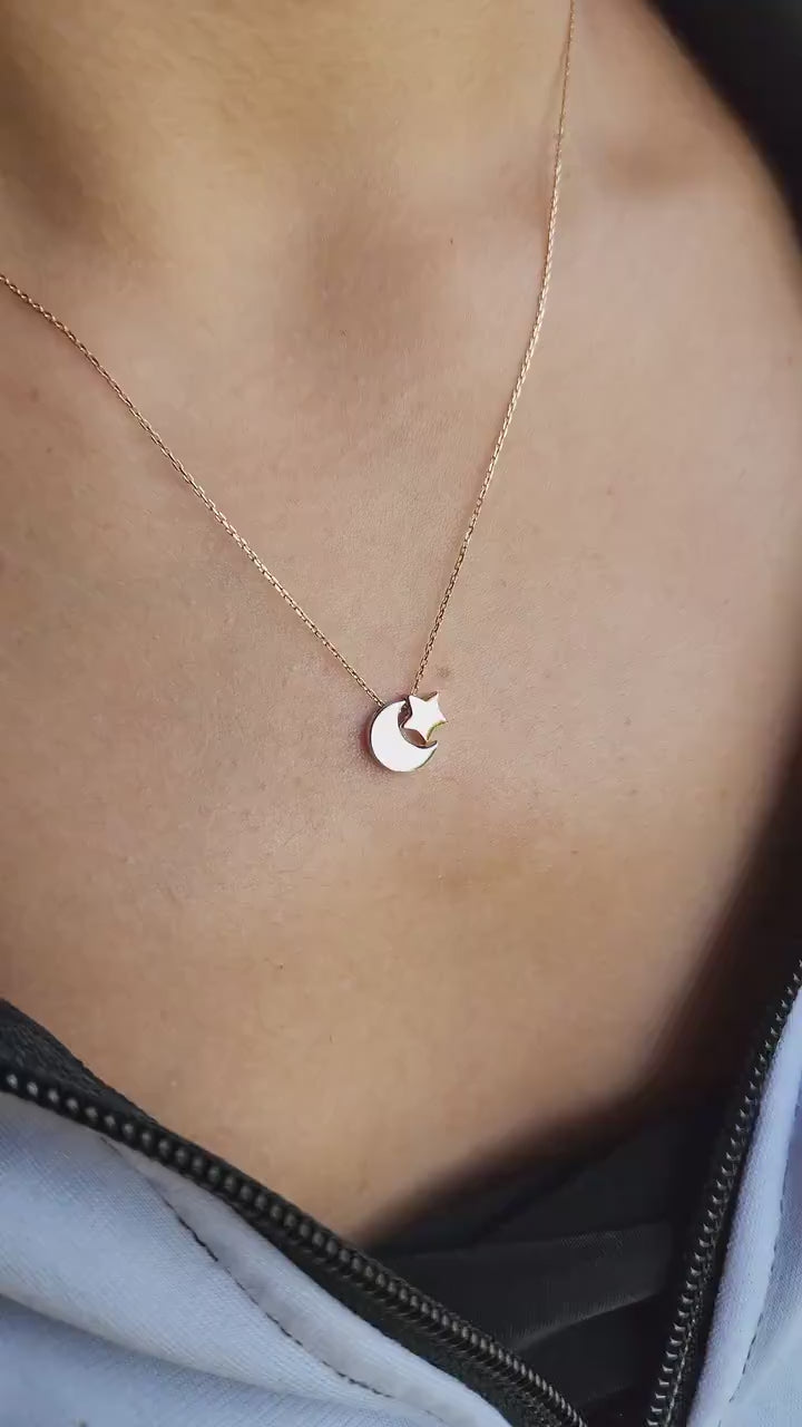 Dainty 14k Gold Moon & Star Necklace - 18 Inches - Adjustable - Cute And Modern - Perfect Gift For Her