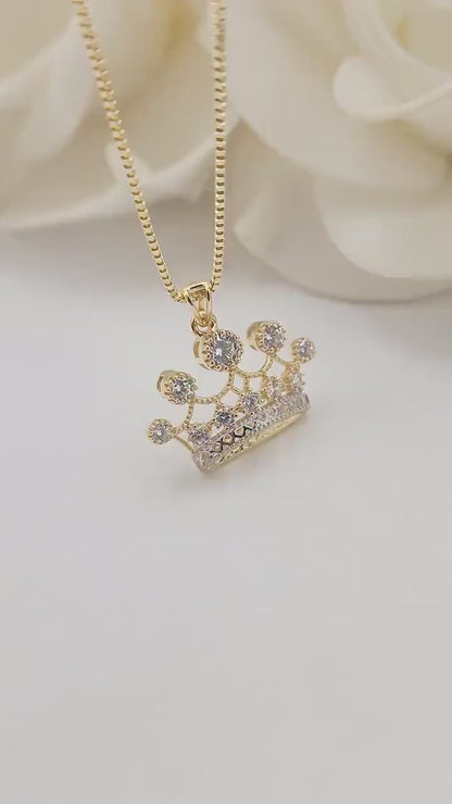 Solid 14k Gold 3D Crown Charm Necklace - Dainty Box Chain - Cubic Zirconia - Perfect For Her - Fancy & Shiny