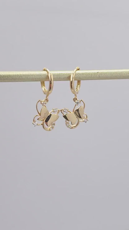 Solid 14k Gold Hanging Butterfly Huggies Earrings - Adorable & Everlasting - Perfect Gift For Her - 10mm hoop