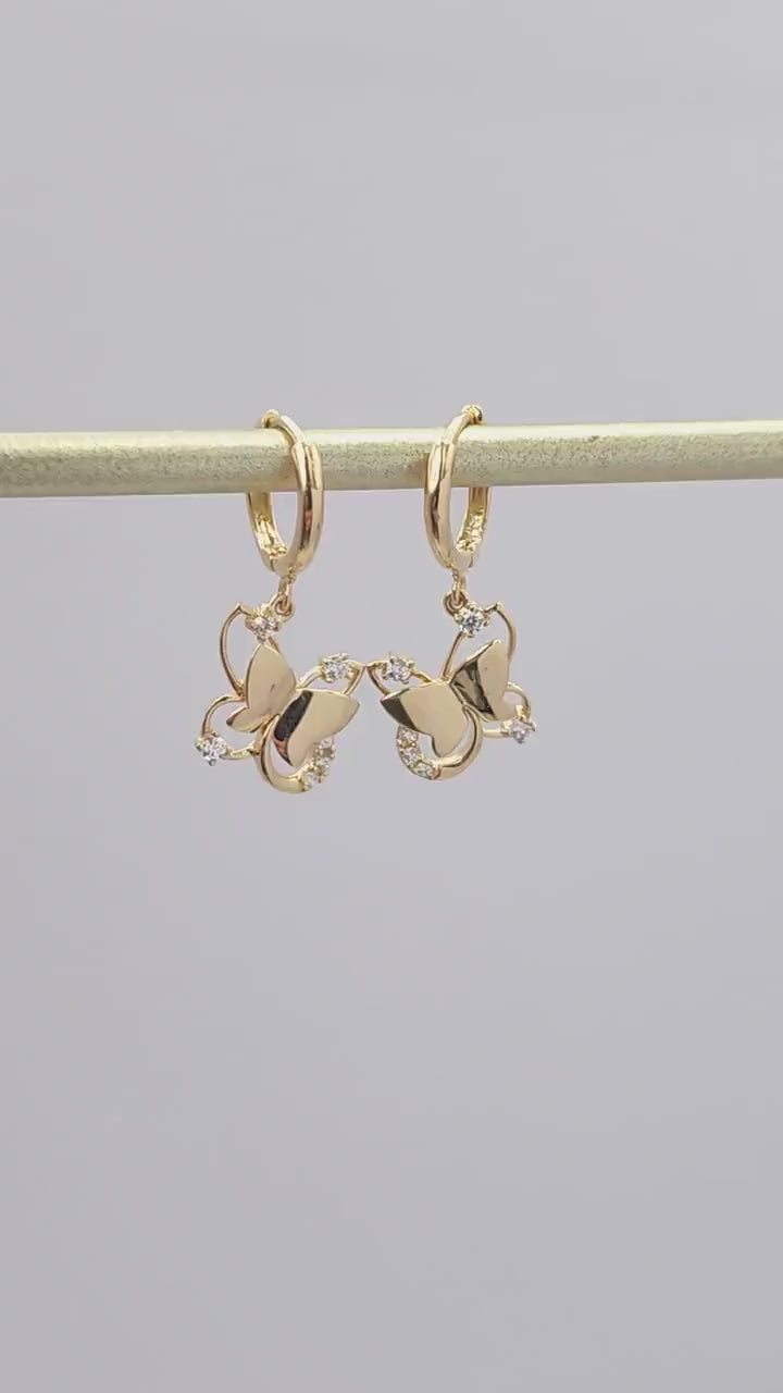 Solid 14k Gold Hanging Butterfly Huggies Earrings - Adorable & Everlasting - Perfect Gift For Her - 10mm hoop