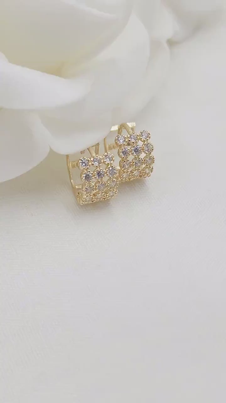 Solid 14k Gold 3 Rows CZ Huggies Earrings - 7mm -Thick Earrings - Gift for her