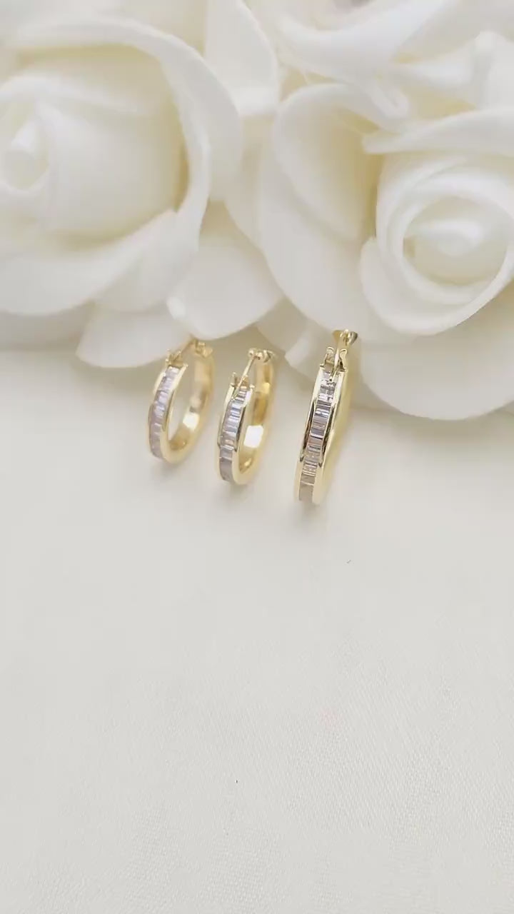 Real 14k Yellow Gold Bagguete CZ Hoop Earrings - 17mm, 19mm, 24mm - Channel Setting - Shiny and Modern