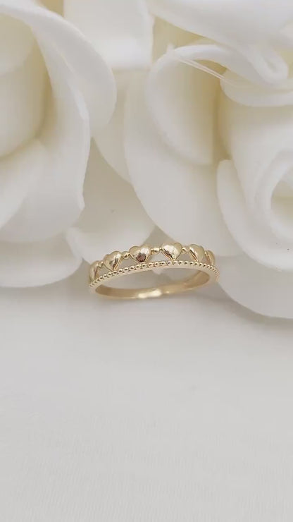 Modern Solid 14k Gold Hearts Beaded Band - Stackable Ring - For Her