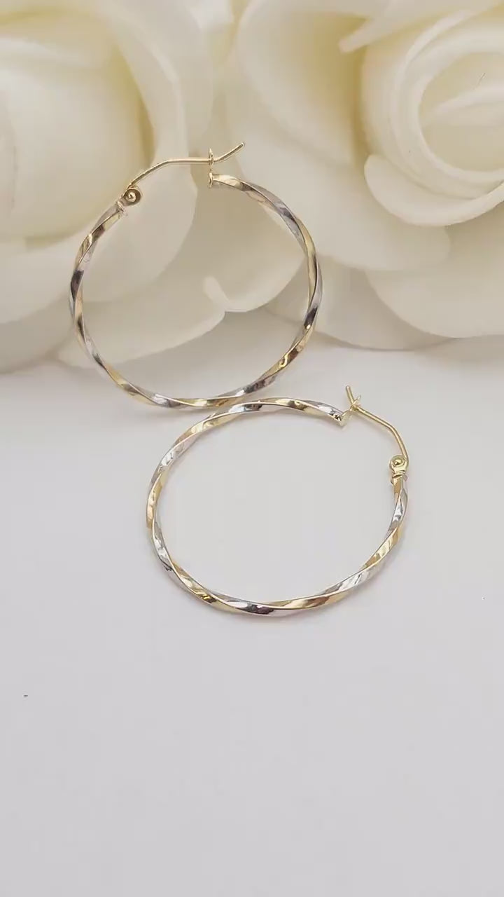 14k White and Yellow Gold Thin Twisted Hoops Earrings - 30MM - Lightweight & Modern - Perfect For Delicate look - Perfect For Her