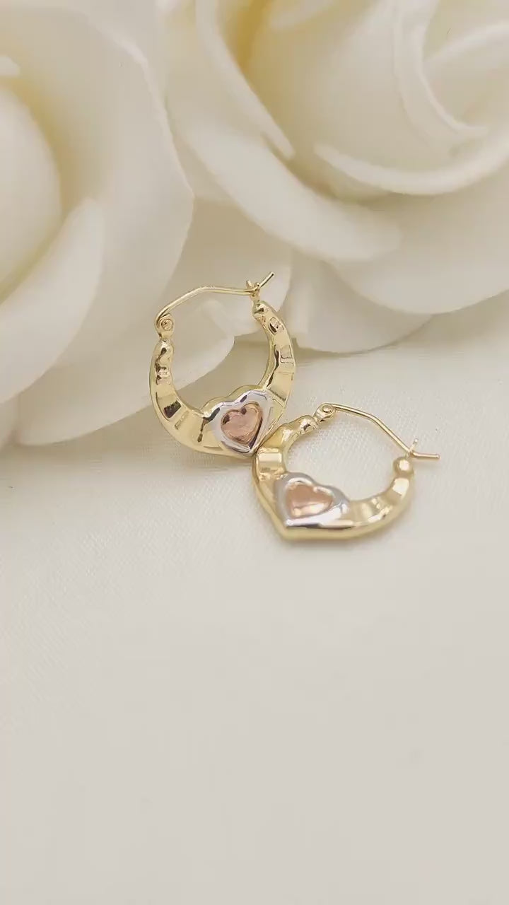 14k Tricolor Gold Small Hearts Hoop Earrings - Cute Small Hoops - Perfect For Her - Perfect For Girls