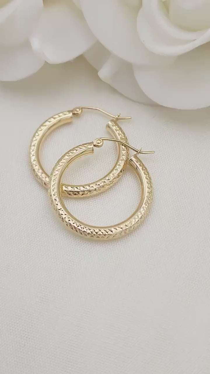 25MM 14k Gold Fully Diamond Cut Hoop Earrings - 3MM Thick - Perfect Gift - Modern Jewelry For Her