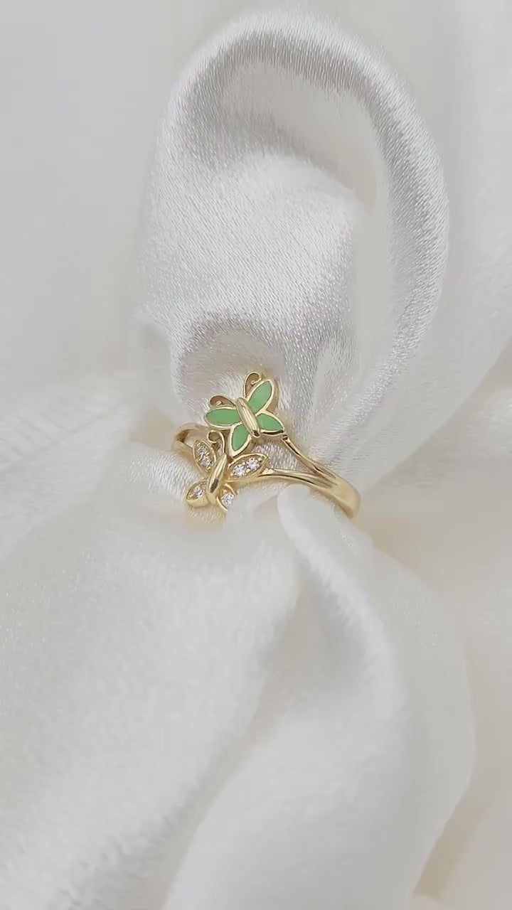 Solid 14k Gold Butterfly Flies Ring  - Enamel - Modern Jewelry