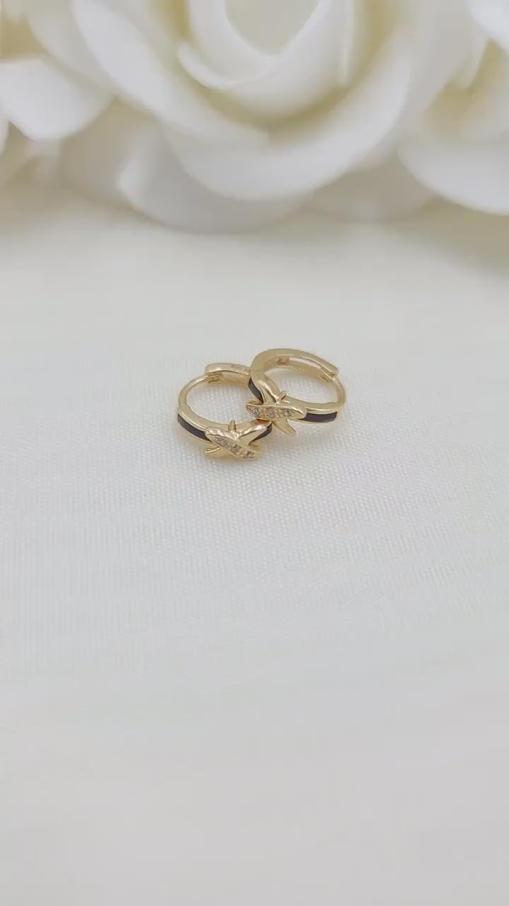 Real 14k Gold Onys X Shape Huggies Earrings - Sit Close to earlobe - Unique and Everlasting - Perfect Gift For Her - Black Mini Hoops