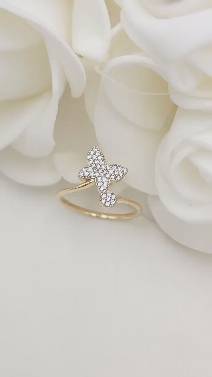 Solid 14k Pave Butterfly CZ Ring - Shiny and Modern - For Her