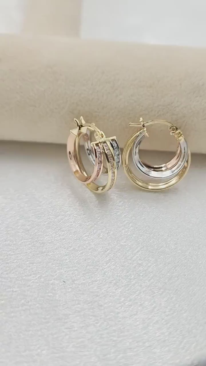 Solid 14k Tricolor Gold CZ Triple Hoop Earrings - 16mm - Unique & Original - Perfect Gift For Her