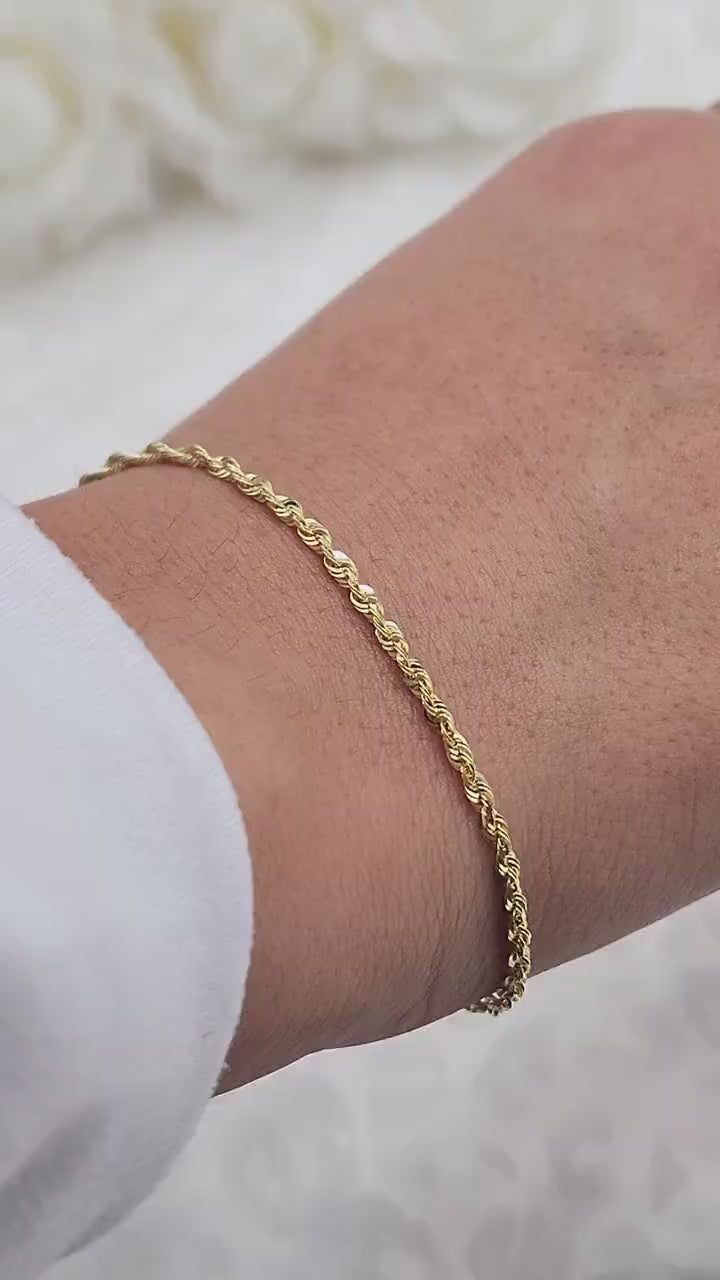 Solid 14k Gold Rope Link Bracelet - For kids, Women - Perfect Gift - 7 Inches - 2mm