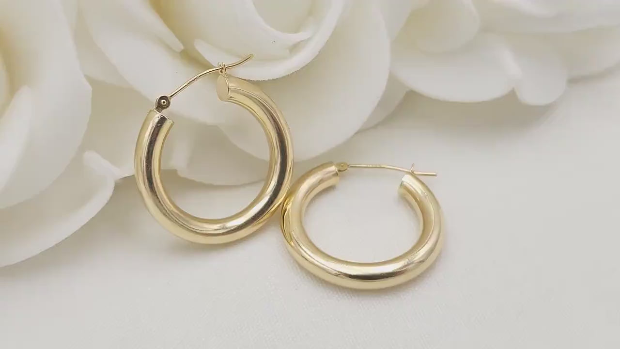 25MM Real 14k Gold Polished Hoop Earrings - 4MM Thick - Fine Jewelry - For Her