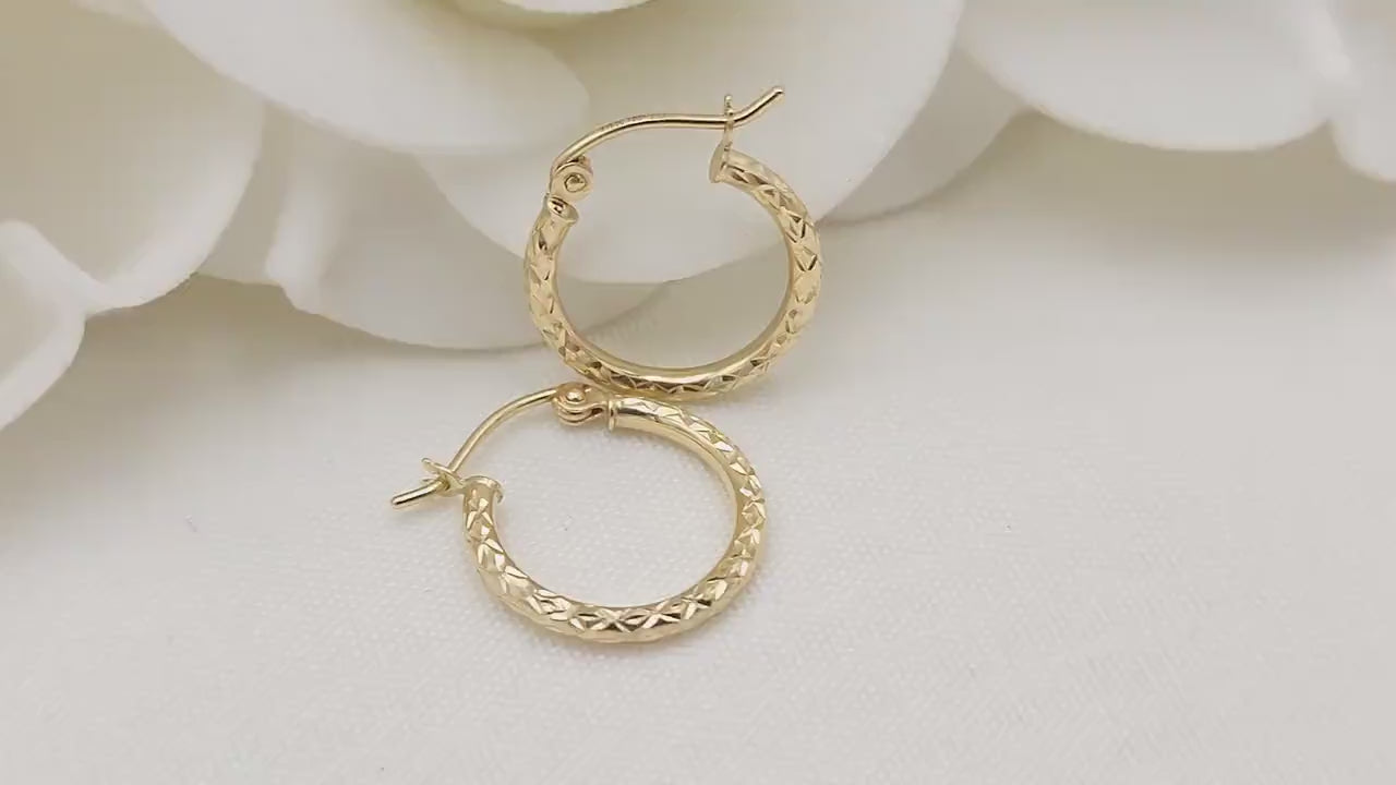 15MM Dainty 14K Gold Fully Diamond Cut Hoop Earrings - 1.5MM Thick - Perfect Gift - Fine Jewelry For Her