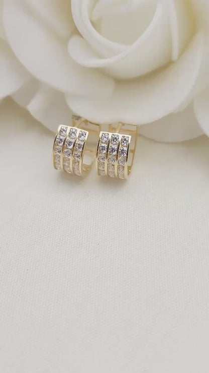 14k Gold 3 Lanes Simulated Diamonds Huggies Earrings - Channel Setting - 7mm Thick - 13mm - Real Gold